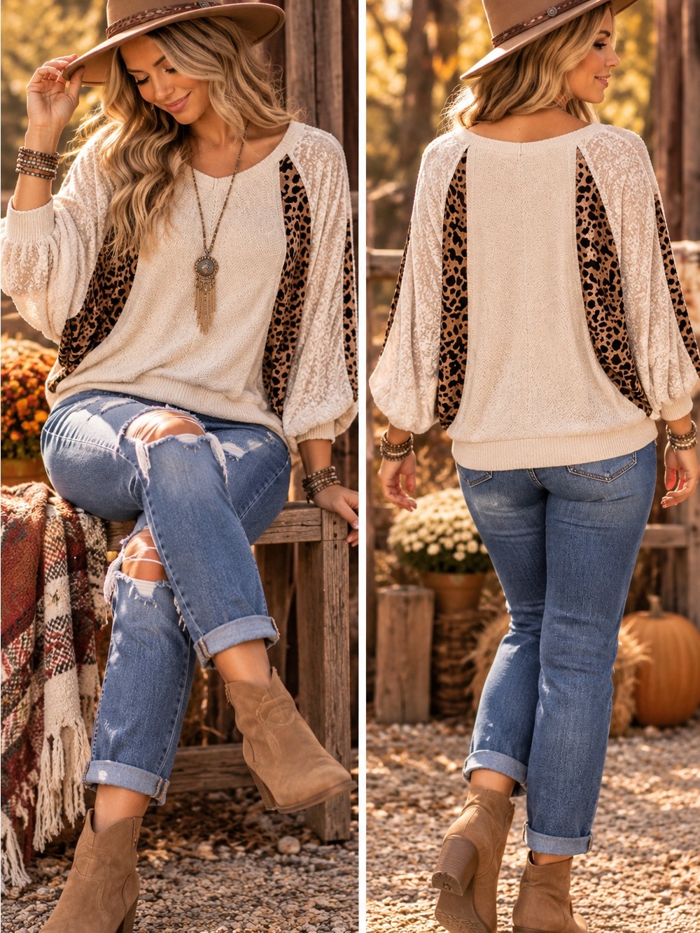 Umgee Cream Pullover Sweater with Leopard Panel Accents